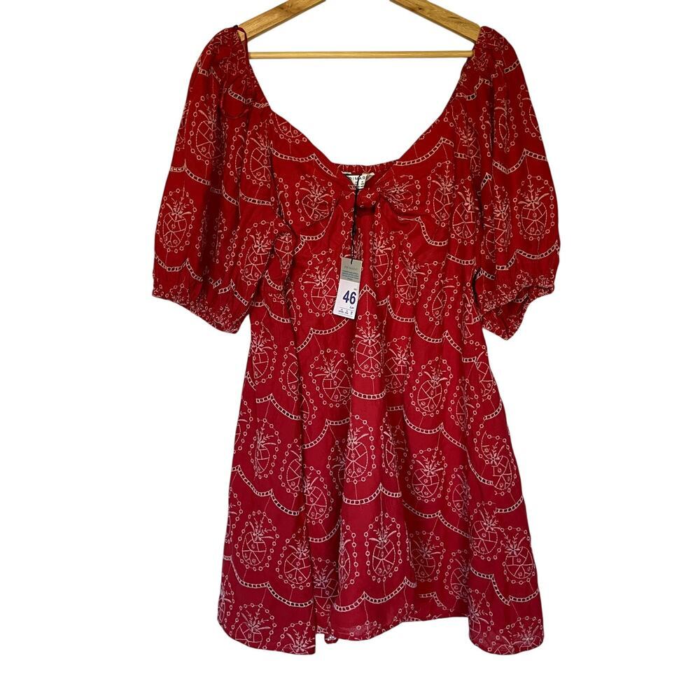 NWT‎ Primark red white embroidered minidress puffed sleeves v-neck women's 14
